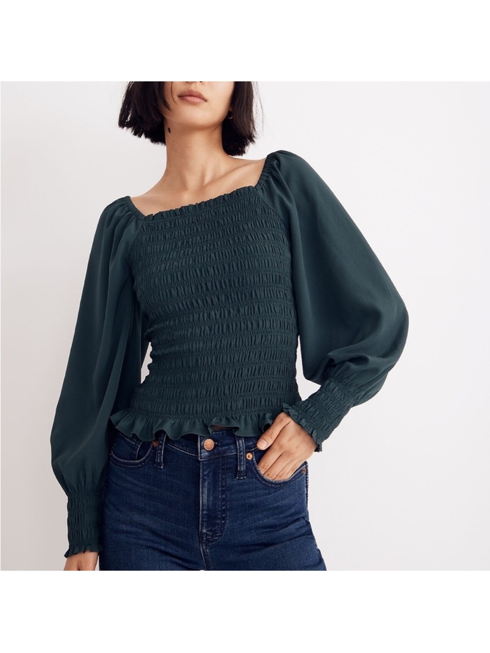 Madewell Lucie Smocked Long-Sleeve Top - Dark Green